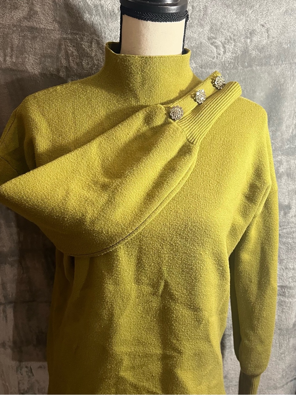 Tahari Chartreuse Turtleneck Sweater with Crystal Shoulder Buttons